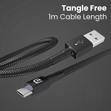 Portronics Konnect B Type C Cable with 3.0A Output, Nylon Braided, Fast Data Sync, Tangle Resistant, 1M Length(Black)