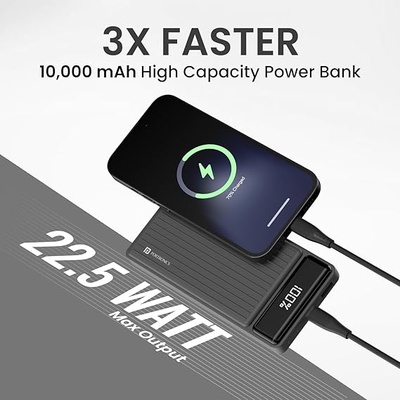 Portronics Luxcell B 10K 10000 mAh 22.5W Fast Charging Power Bank, Ultra Slim Power Bank with Mach USB-A Output, Type C PD Output, Type C Input, Wake Up Button