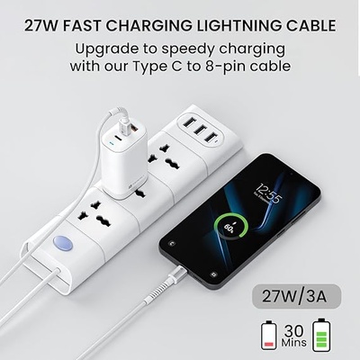 Portronics Konnect X Type C to 8-Pin 27W Fast Charging Cable, Premium TPE Material, Support to all Lightning Devices 1M Length