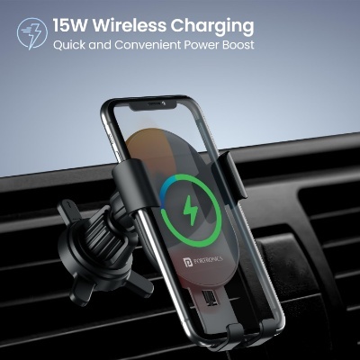 Portronics Charge Clamp 4 Wireless Car Charger with 15 Watts Fast Charging, AC Vent Mount, 360° Rotation, Strong Grip, Free Type-C Cable, Qi Charger for iPhone & Android Smartphones(Black)