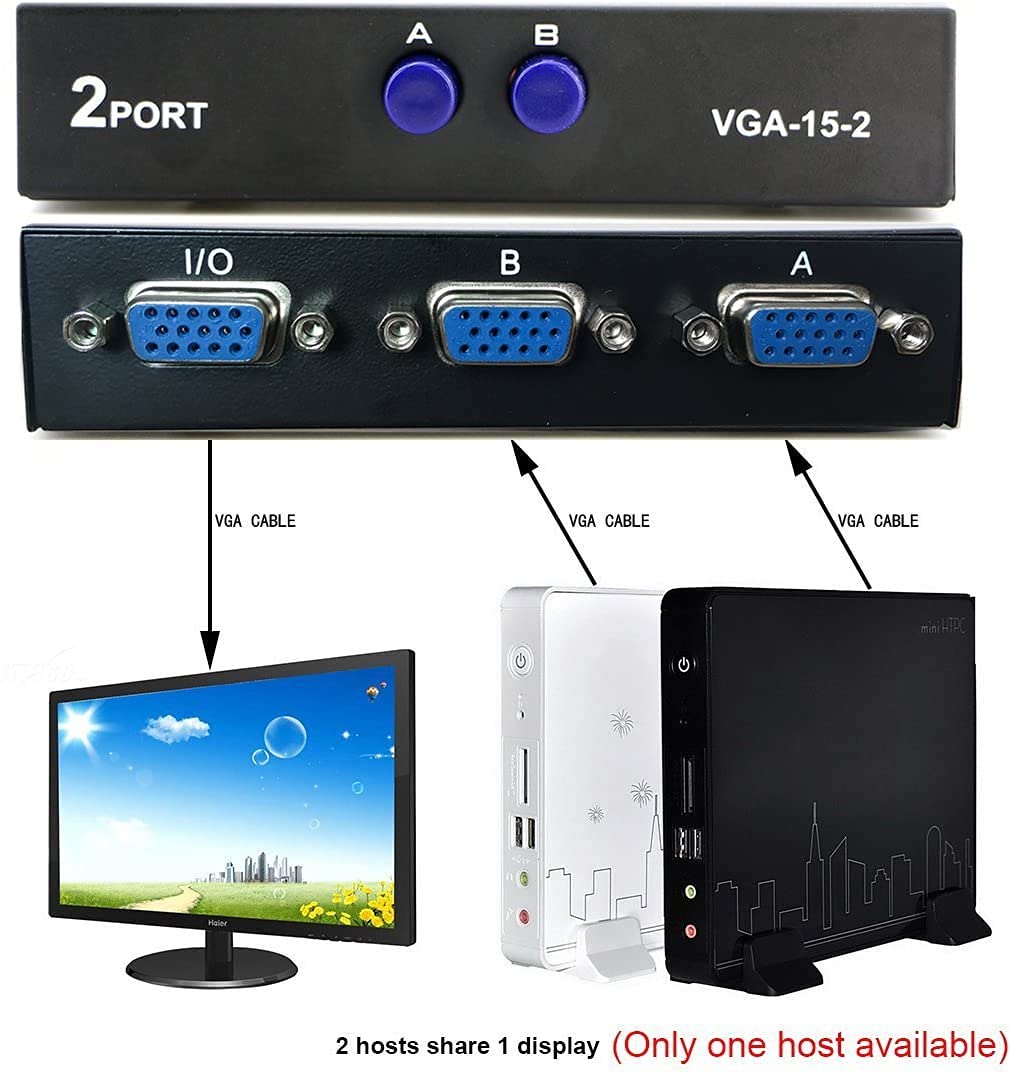 VGA 2 in 1 Out 2 Port VGA Switch Press Button Two Way VGA Video Switch for PS4 ,PC, TV,Projector ,Monitor