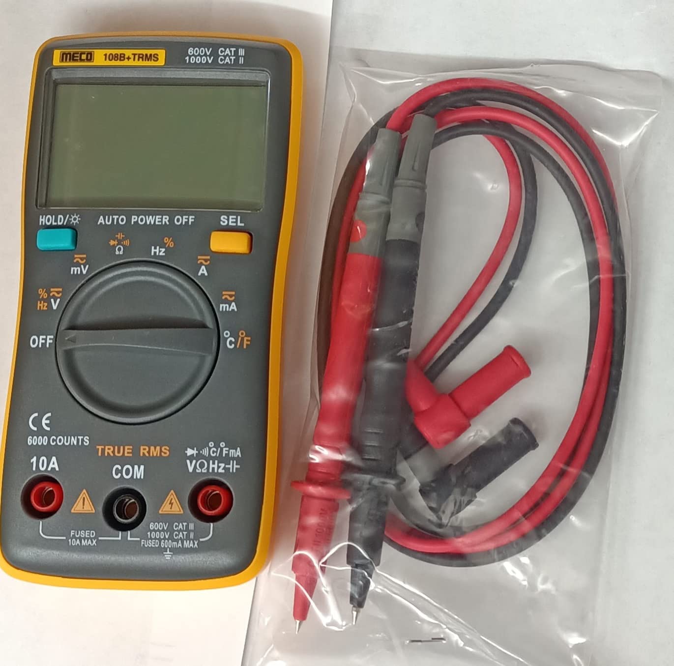 Meco 108B+ 3 ⅚ Digit / 6000 Count TRMS Autoranging Pocket Size Digital Multimeter with Backlight, K Type Thermocouple, Data Hold and APO functions