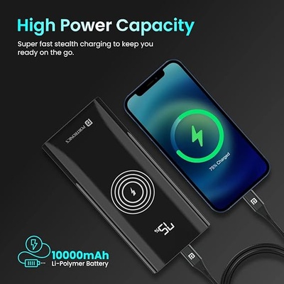 Portronics Power 10 10000 mAh 22.5 W PD Fast Charging |15W Li-Polymer Premium Edition Wireless Power Bank | Type C Power Delivery (1 Input, 3 Output) | Made in India|