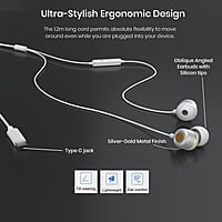 Portronics Conch 20 in Ear Wired Earphone with Type-C Jack, Powerful Audio, Built-in Microphone, Tangle Resistant Cable