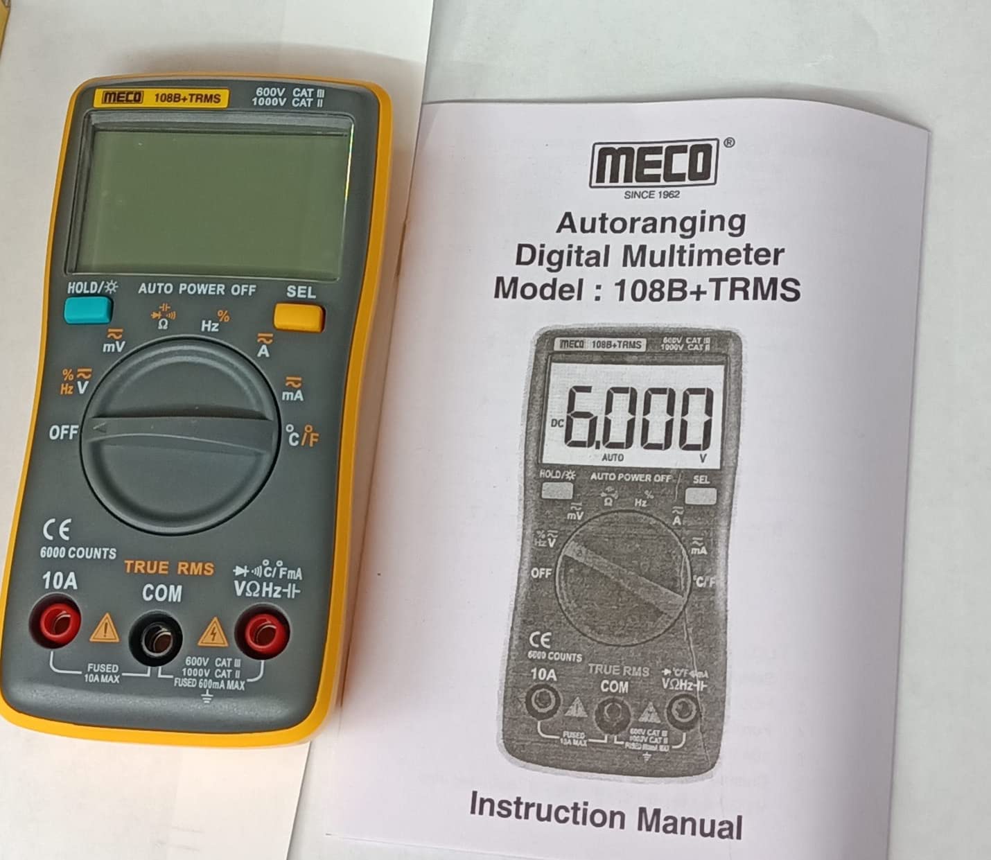 Meco 108B+ 3 ⅚ Digit / 6000 Count TRMS Autoranging Pocket Size Digital Multimeter with Backlight, K Type Thermocouple, Data Hold and APO functions