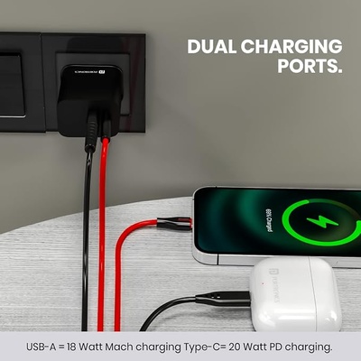 Portronics ADAPTO 20V 20W Dual Port Fast Charging Adapter Type C PD 3.0 & Mach USB-A Compatible with iPhone & Android (Black)