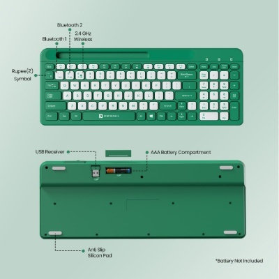 Portronics Bubble Square Wireless Keyboard with Bluetooth + 2.4 GHz USB Receiver (Dual Connectivity), Pair 3 Devices Max, Multimedia Hotkeys, for Laptop, PC, Smartphone, Tablet