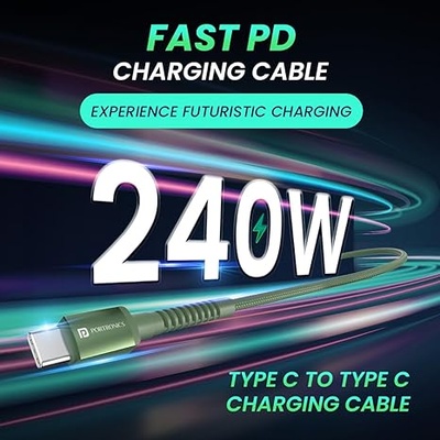 Portronics Konnect X 240W Futuristic Unbreakable Nylon Braided Type C to Type C Fast Charging PD Cable 1M Long, Supports Laptop and All Type C Smartphones and Devices (Green)