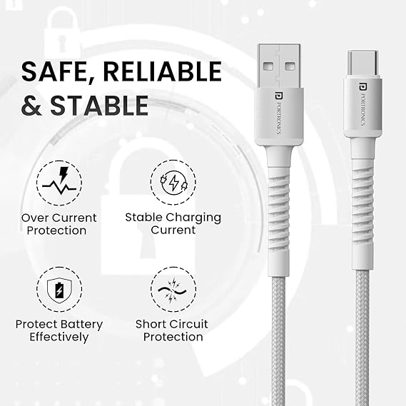 Portronics Konenct X USB to Type C Cable with 3A Output, Fast Charging & Data Transfer, Nylon Braided, Aluminium Alloy Shell, 1M Length compatible with Type C Smartphones(White)