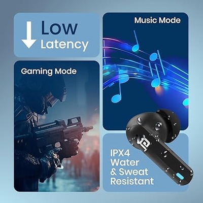 Portronics Harmonics Twins S11 Gaming Earbuds with Long Playtime,TWS Low Latency,Auto ENC Quad 4 Mics,BT5.3V,Rapid Pairing,IPX 4 Water Resistance,Wireless Earpods,in-Ear,Type C Fast Charging