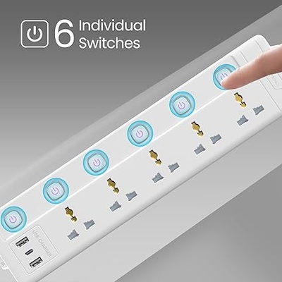 Portronics Power Plate 20 Extension Board with 5 Universal Power Sockets, 3 Meter Long Cord, 2500W Power Extender, 6 Individual Power Switches