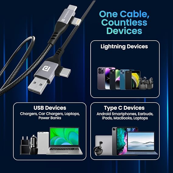 Portronics Konnect 4 IN 1 Multi Functional Charging Cable with Type C to Type C, Type C to Lightning, Supports Data Transfer, Compatible with All Android & iOs Smartphones, Tablet/Ipads & Macbook