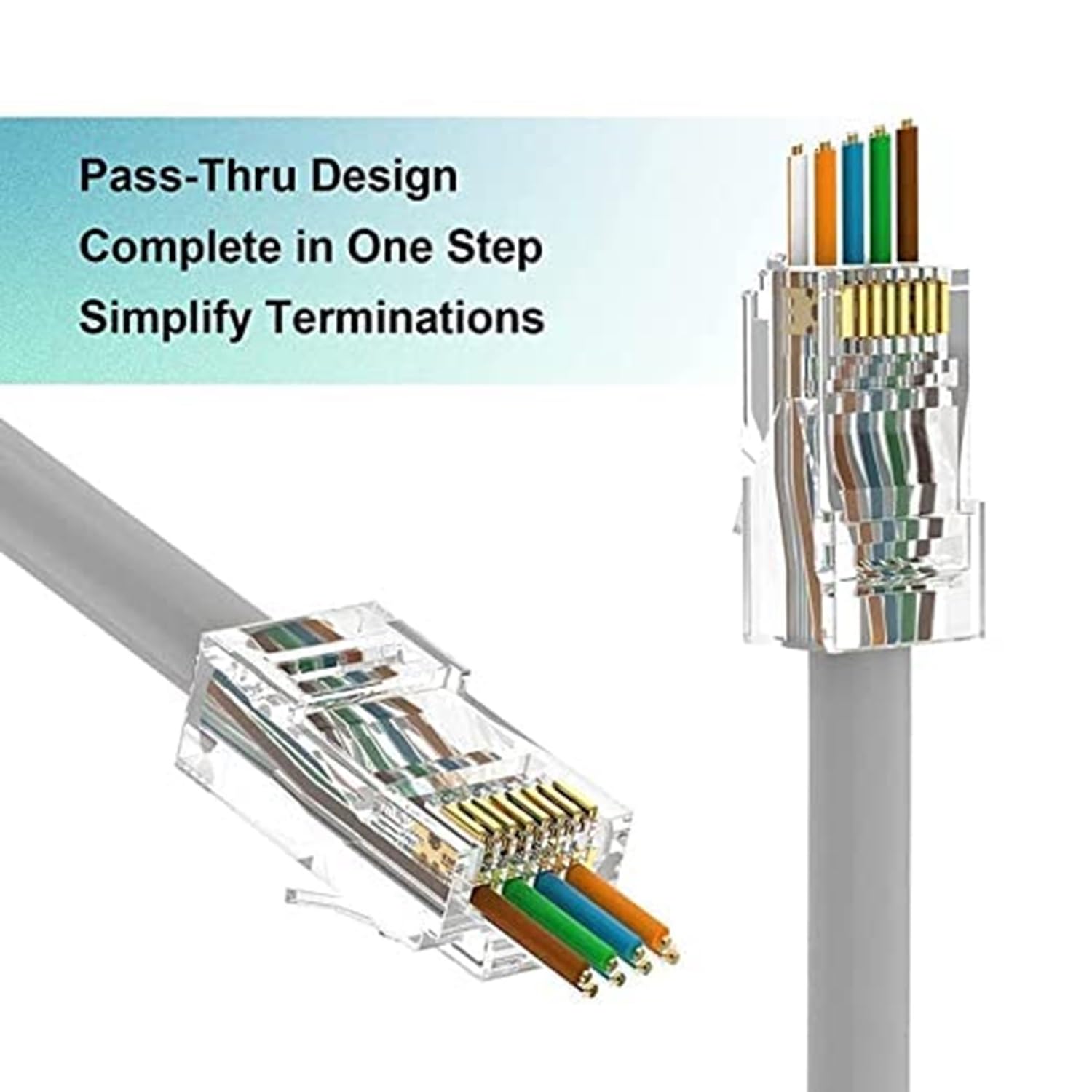 RJ45 Cat6 Pass-Through Ethernet Connectors - Compatible with Cat5, Cat5e, and Cat6 Cables, 8P8C Crimp Plugs for LAN and UTP Network