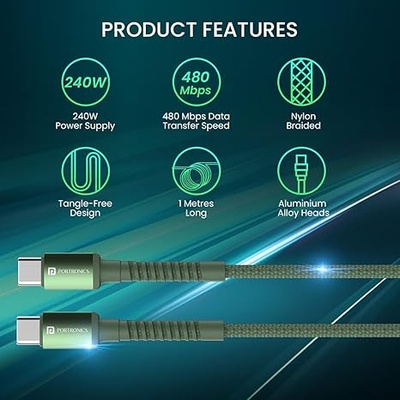 Portronics Konnect X 240W Futuristic Unbreakable Nylon Braided Type C to Type C Fast Charging PD Cable 1M Long, Supports Laptop and All Type C Smartphones and Devices (Green)