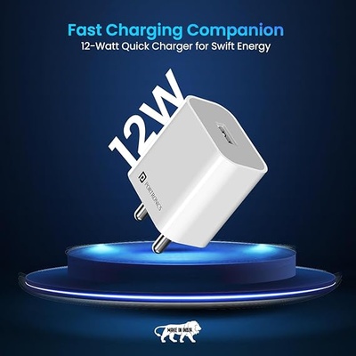 Portronics Adapto 12 M 2.4A 12W Fast Wall Charger with 1M Type C Charging Cable for iPhone 11/Xs/XS Max/XR/X/8/7/6/Plus, iPad Pro/Air 2/Mini 3/Mini 4, Samsung S4/S5, and More(White)