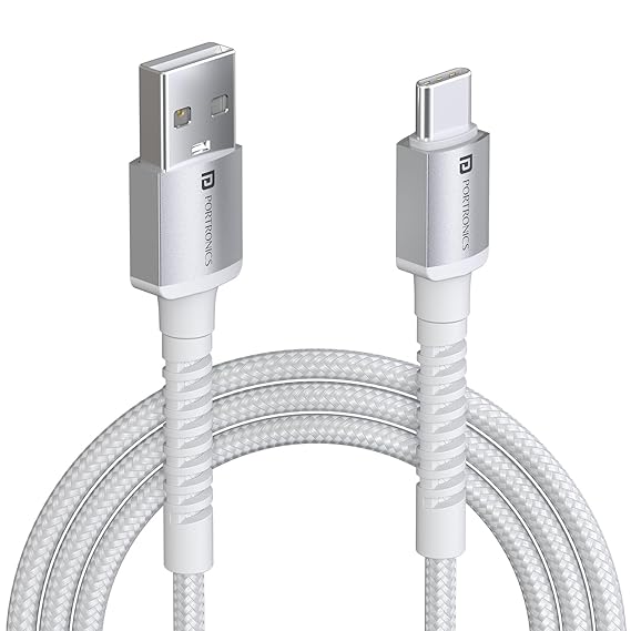 Portronics Konenct X USB to Type C Cable with 3A Output, Fast Charging & Data Transfer, Nylon Braided, Aluminium Alloy Shell, 1M Length compatible with Type C Smartphones(White)