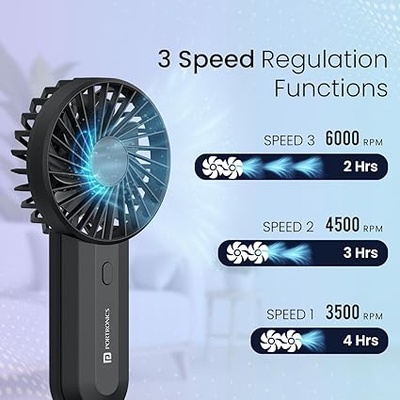 Portronics DualBreeze Handheld Mini Portable Fan With Dual Fan Technology, Upto 4 Hours Playtime, 3 Speed, Low Noise, Rechargeable Fan Ideal for Indoor,Outdoor,Home,Office,Kitchen,Makeup & Travel Use