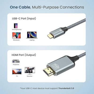 Portronics Konnect Vision C 4K 60Hz Type C to HDMI Cable with 1.8M Cord Length, Nylon Braided, Gold Plated Connectors for Laptop, Mobile, iPad Pro, MacBook, Chromebook, TV, Monitor(Grey)