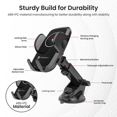 Portronics Charge Clamp 2 Mobile Holder with Wireless Charging with 15W Wireless Output, 360° Rotation, 270° Adjustable Angles, LED Display, Type C Charging Port, 1M Type C Cable(Black)