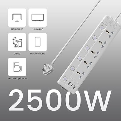 Portronics Power Plate 20 Extension Board with 5 Universal Power Sockets, 3 Meter Long Cord, 2500W Power Extender, 6 Individual Power Switches