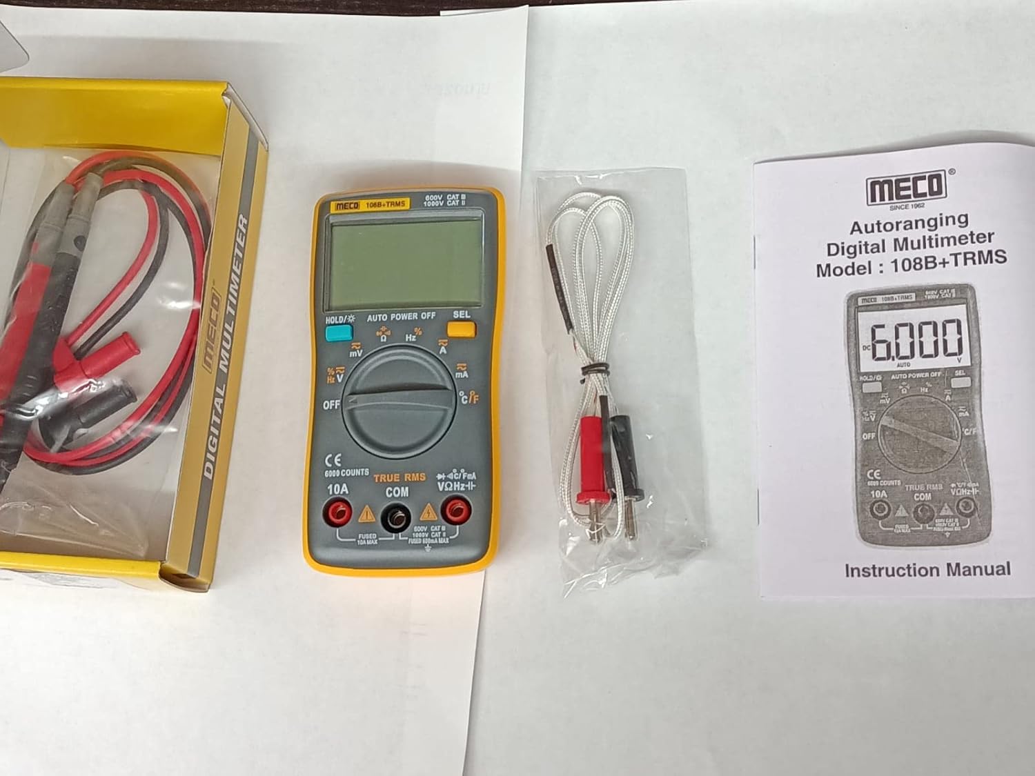 Meco 108B+ 3 ⅚ Digit / 6000 Count TRMS Autoranging Pocket Size Digital Multimeter with Backlight, K Type Thermocouple, Data Hold and APO functions