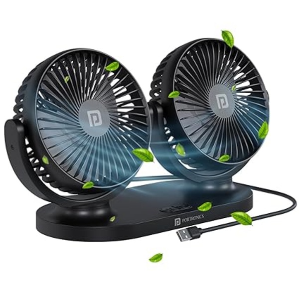 Portronics TwinCool Dual Head Portable USB Powered Fan With 360° Rotatable Head, 3 Speed Control, Ultra Silent Operation, Brushless Motor, Suitable For 12/24V Car,SUV,Bus,Desk,Home Fan(Black)