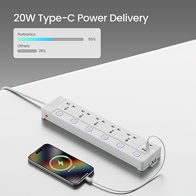 Portronics Power Plate 20 Extension Board with 5 Universal Power Sockets, 3 Meter Long Cord, 2500W Power Extender, 6 Individual Power Switches