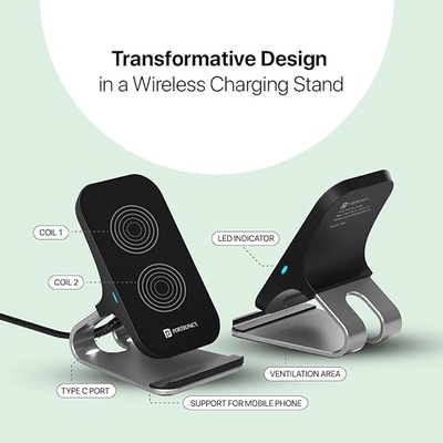 Portronics Freedom 15 Plus 15W Desktop Wireless Charger + Mobile Stand with Dual Coil, Aluminum Alloy, 4 Charging Modes, 1 Meter Charging Cable(Silver)