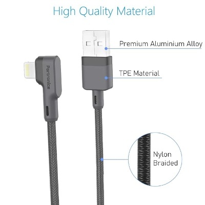 Portronics Konnect L 2M Fast Charging 3A 8 Pin USB Cable with Charge & Sync Function (Grey)