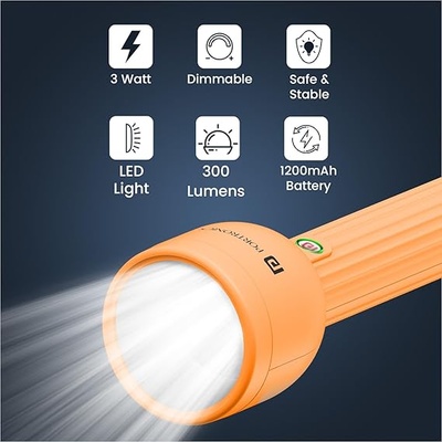 Portronics Eco Glow LED Torch Light with USB Rechargeable Battery, Dual-Brightness Levels, SOS Emergency Light Mode, Long Distance Flashlight, for Home, Outdoor, Camping, Travel (Orange)