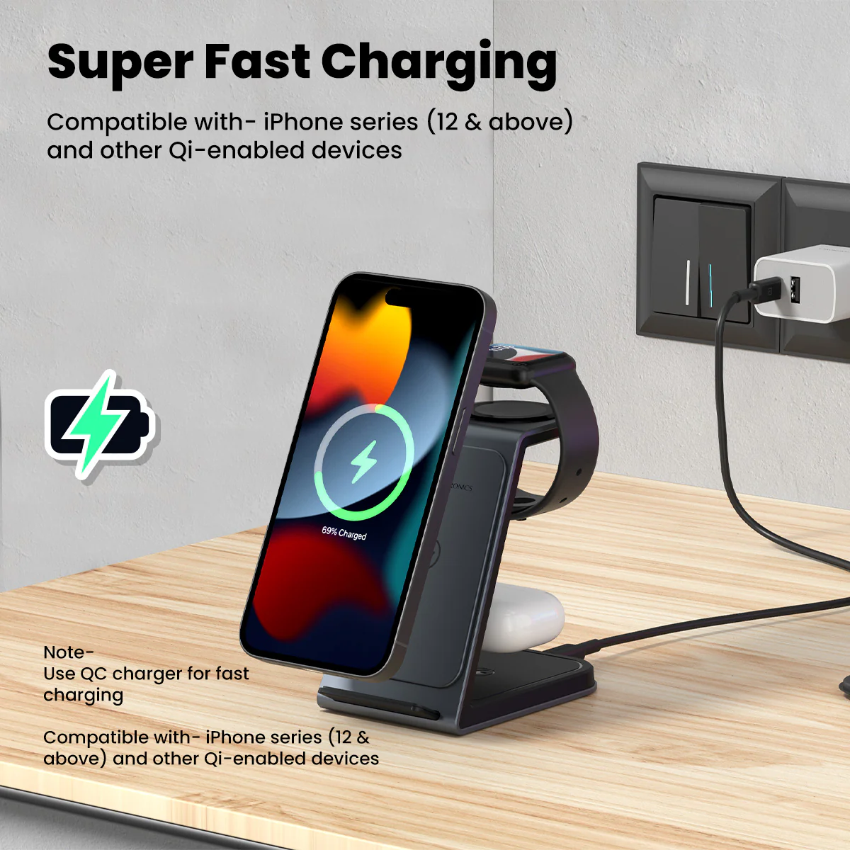 Portronics Freedom Trio 15w 3in1 Wireless Charger for iPhone