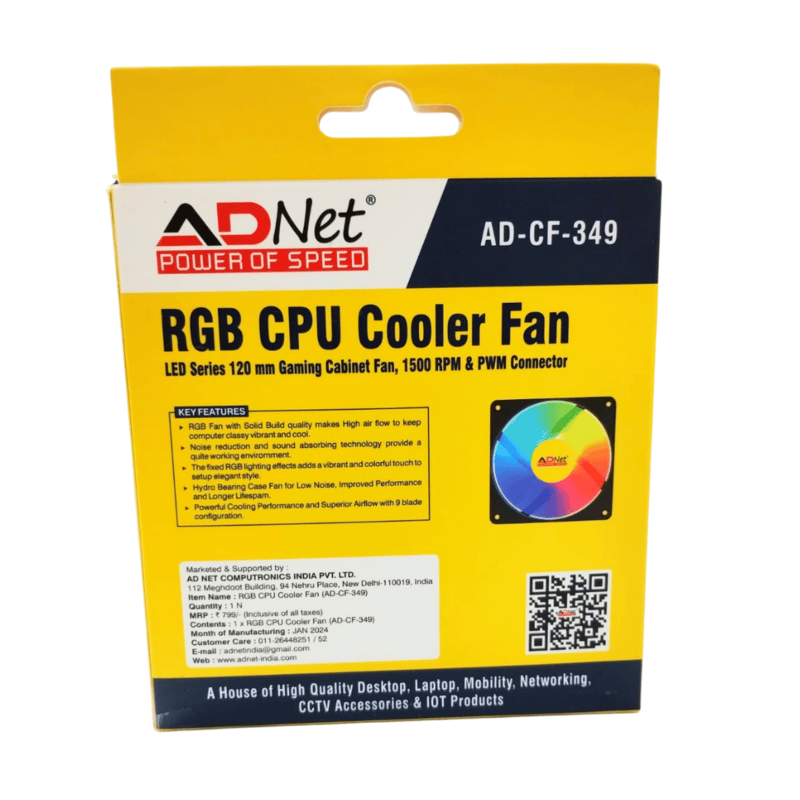 Adnet RGP CPU Cooler AD-CF-349 120 mm 1500 RMP with PWM Connector LED Series Cabinet FAN