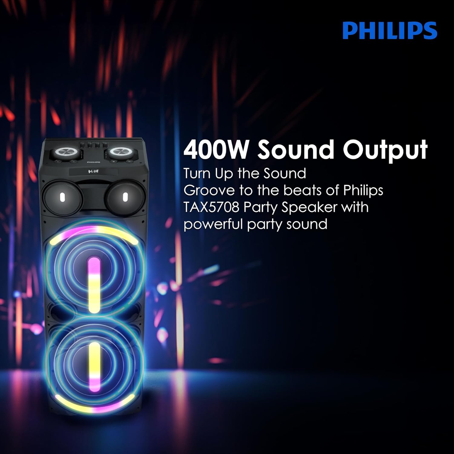 Philips TAX5708 Bluetooth Party Speaker – 400W Max Output, Dynamic Bass Boost, Karaoke, Guitar/Mic Support, Multipoint Connectivity, Party Lights, Handle with Wheels