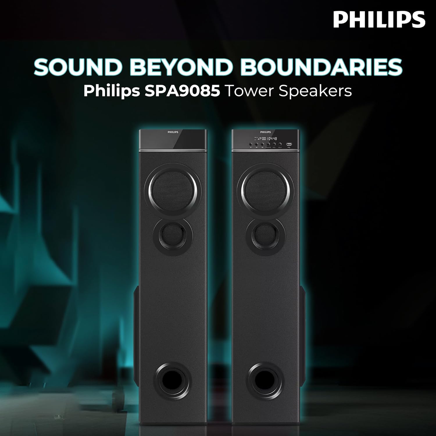 Philips Audio SPA9085 2.0CH 100W Multimedia Tower Speakers with Wireless Microphone – USB, AUX, FM, Mic Inputs & Thumping Bass for Karaoke (Black)