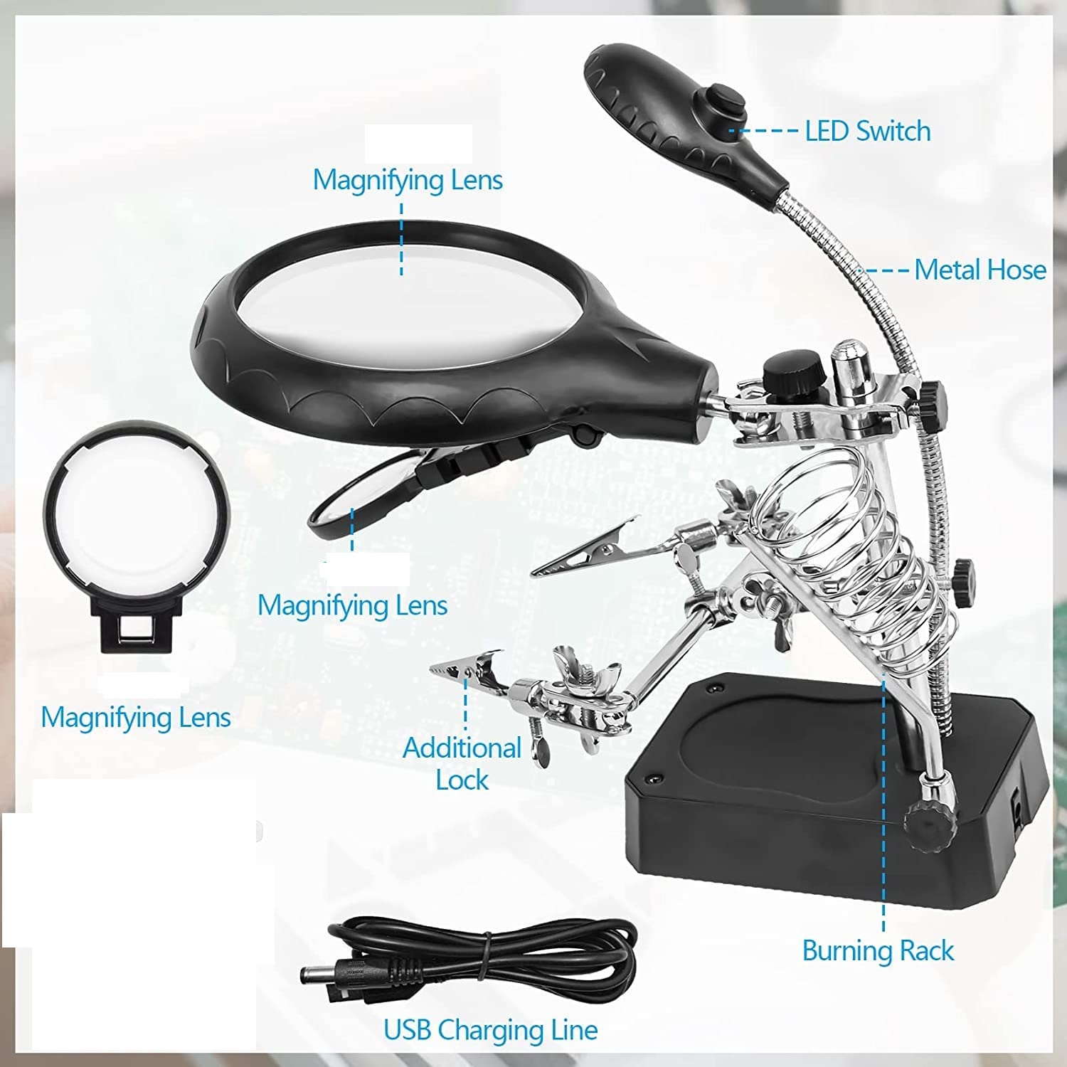 Desktop LED Magnifying Glass Soldering Station - 2.5X, 7.5X, 10X Magnification with Helping Hands and Alligator Clips