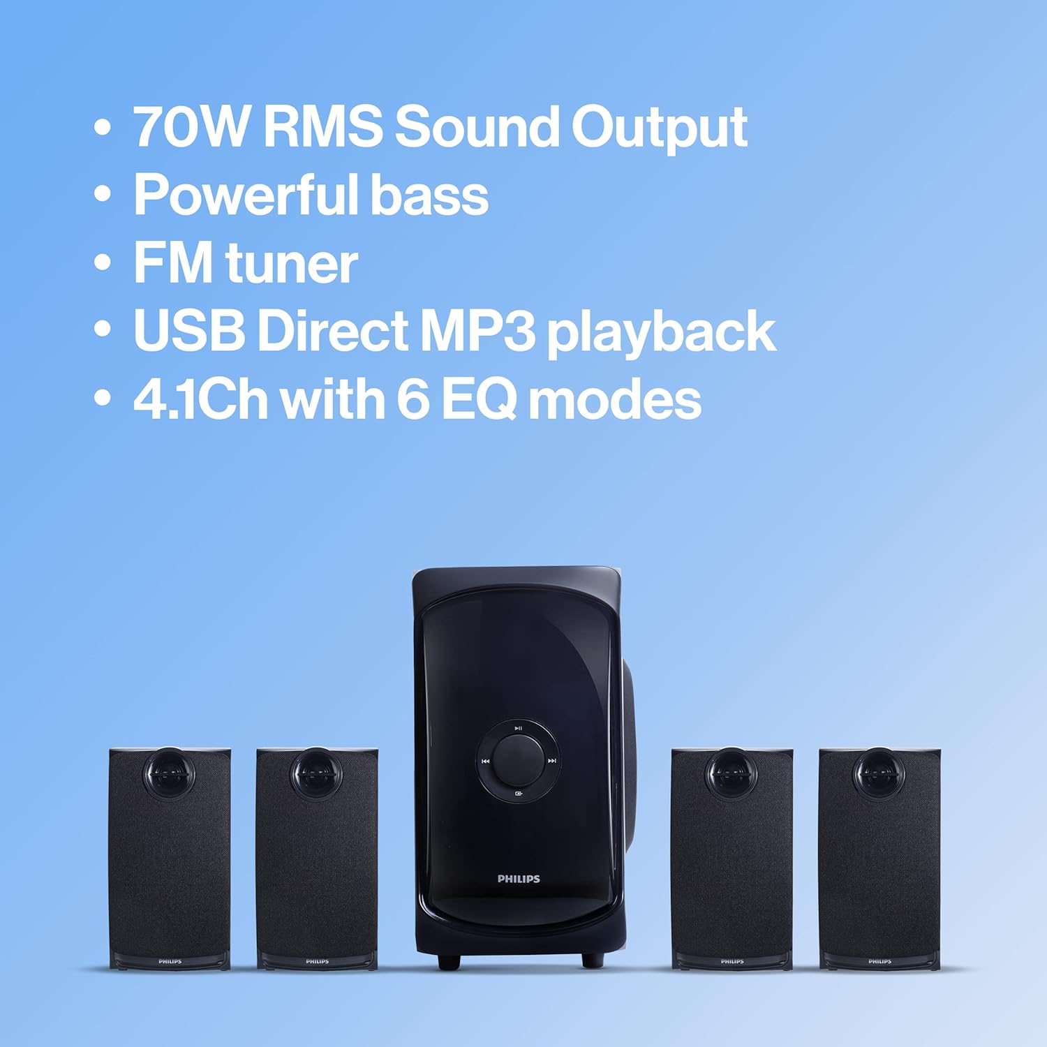 Philips TAV7477 4.1 Channel 75W Bluetooth Multimedia Speaker System – 2x15W & 2x5W Satellite Speakers, USB, AUX, FM, Remote Control (Black)