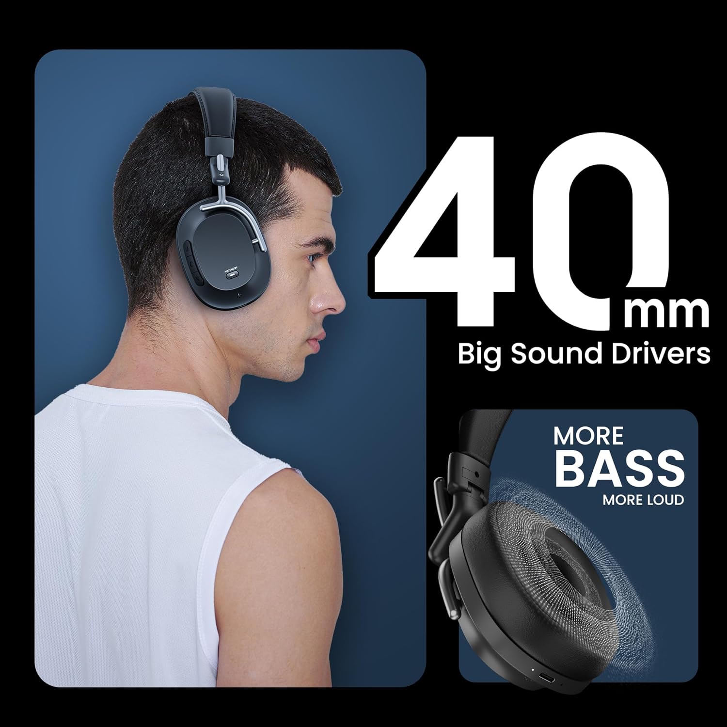 Hammer Bash Pro Wireless Headphones with 32db Hybrid ANC and Quad Mics for Clear Calling, 40mm Driver, 37Hrs Playtime, Super soft Cushion, 5.3 (Black )