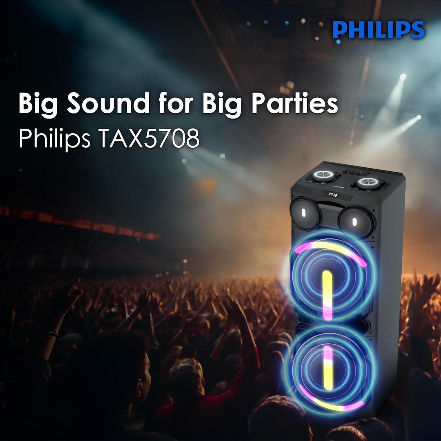 Philips TAX5708 Bluetooth Party Speaker – 400W Max Output, Dynamic Bass Boost, Karaoke, Guitar/Mic Support, Multipoint Connectivity, Party Lights, Handle with Wheels