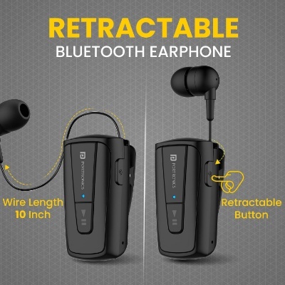 Portronics Harmonics Klip 4 Retractable Bluetooth Music & Calling Earphone with Long Playtime, Vibration Prompt (Black)