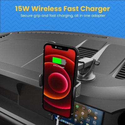 Portronics Charge Clamp 3 Wireless Car Charger with 15 Watts Fast Charging (Qi Compatible), Free Type-C Cable, 360° Rotation, for iPhone & Android Smartphones (Black)