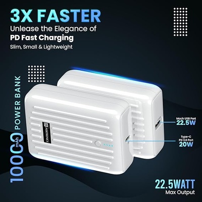 Portronics Zapcell 10k 10000mAh 22.5W Pocket Size Nano Powerbank with Compact & Light Weight Design,Type C PD Output/Input, USB-A Output,Power Delivery,Quick Charge for iPhone, Android,Other Devices