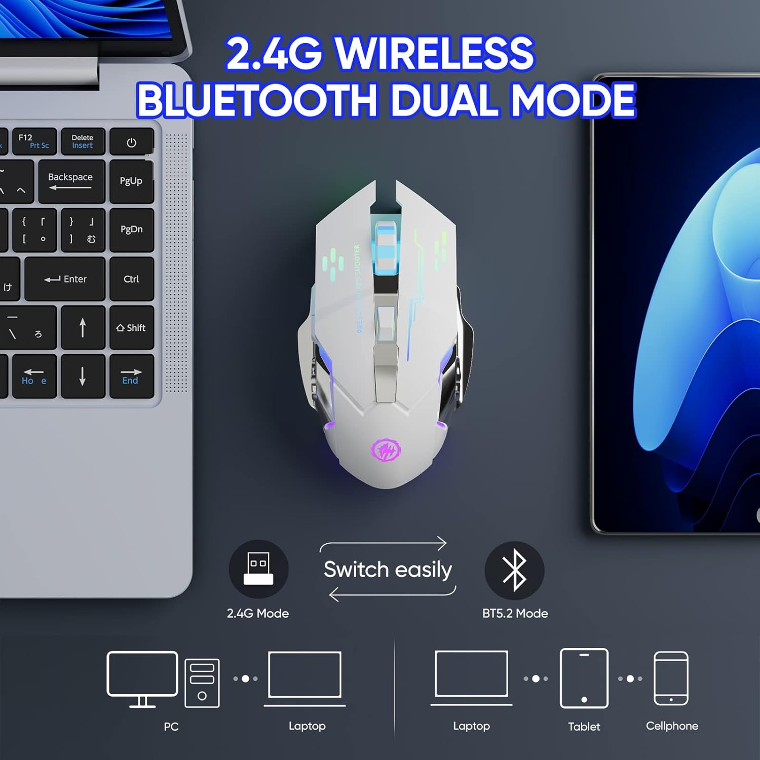 Wireless Gaming Mouse AD-WB-148, Bluetooth RGB Rechargeable, 2.4G USB, 7-Color Backlit, 6 Buttons and Silent Click for Laptop, PC, Mac