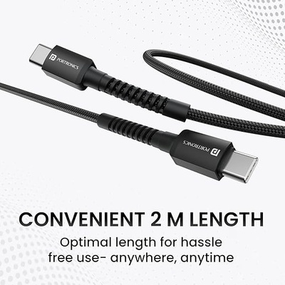 Portronics Konnect X 60W Type C to Type C Unbreakable Nylon Braided Cable, 2M Fast Charging Cable for iPhone 15 series, iPad, Samsung Galaxy & other Type C Devices