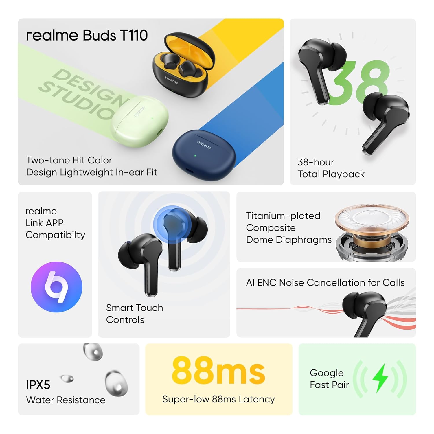 realme TechLife Buds T100 Bluetooth Truly Wireless in Ear Earbuds with mic, AI ENC for Calls, Google Fast Pair, 28 Hours Playback time (Black)