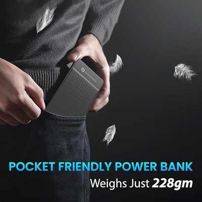 Portronics Luxcell B 10K 10000 mAh 22.5W Fast Charging Power Bank, Ultra Slim Power Bank with Mach USB-A Output, Type C PD Output, Type C Input, Wake Up Button