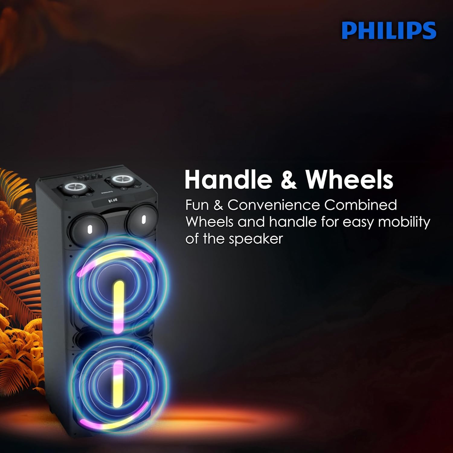 Philips TAX5708 Bluetooth Party Speaker – 400W Max Output, Dynamic Bass Boost, Karaoke, Guitar/Mic Support, Multipoint Connectivity, Party Lights, Handle with Wheels