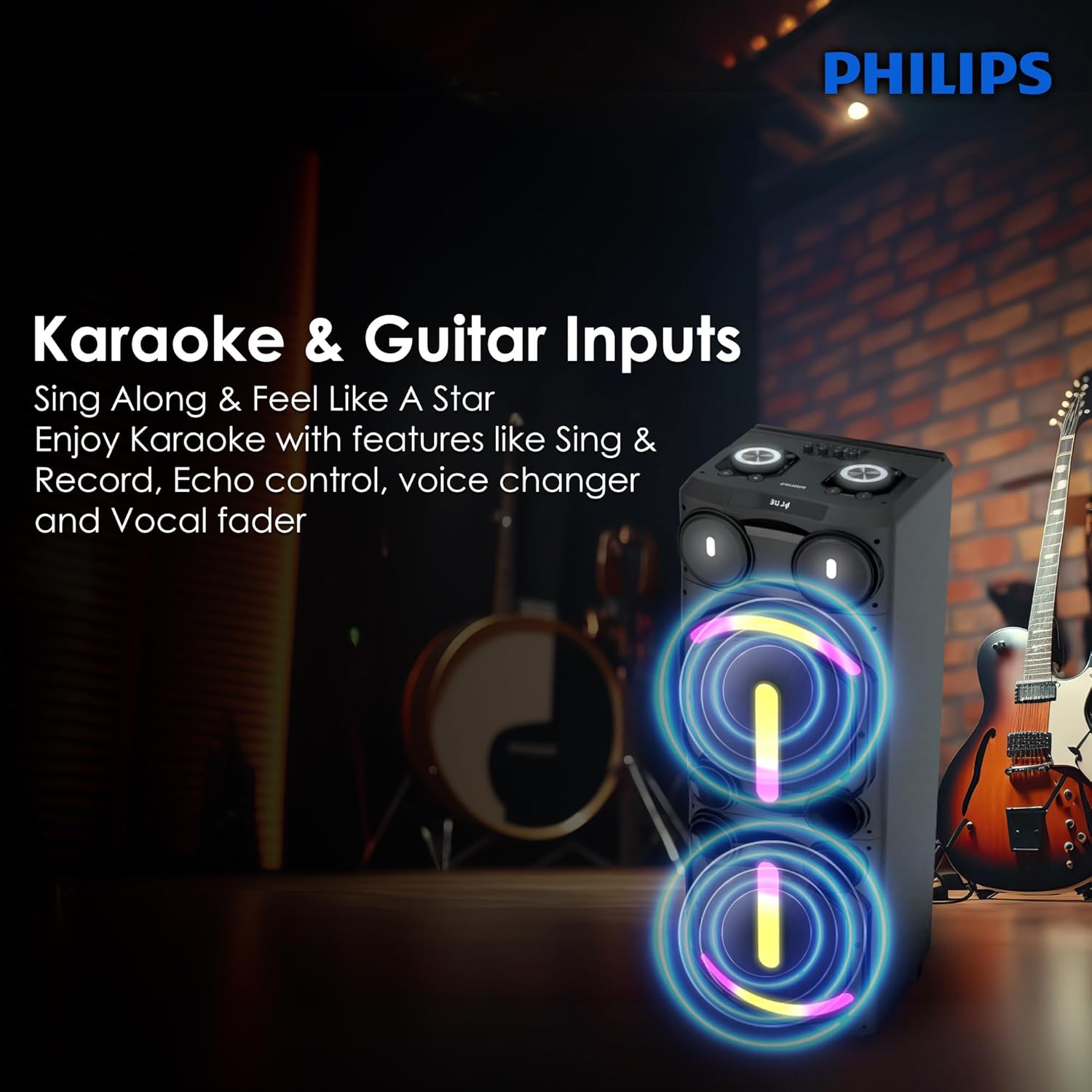 Philips TAX5708 Bluetooth Party Speaker – 400W Max Output, Dynamic Bass Boost, Karaoke, Guitar/Mic Support, Multipoint Connectivity, Party Lights, Handle with Wheels