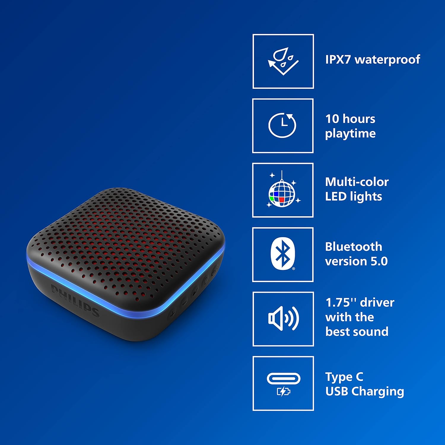 PHILIPS Audio Bluetooth Speaker TAS2505B, 6W with LED Lights (Built-in Microphone, Durable and IPX7 Waterproof, 10 Hours’ Playback Time, 20-m Range) Black