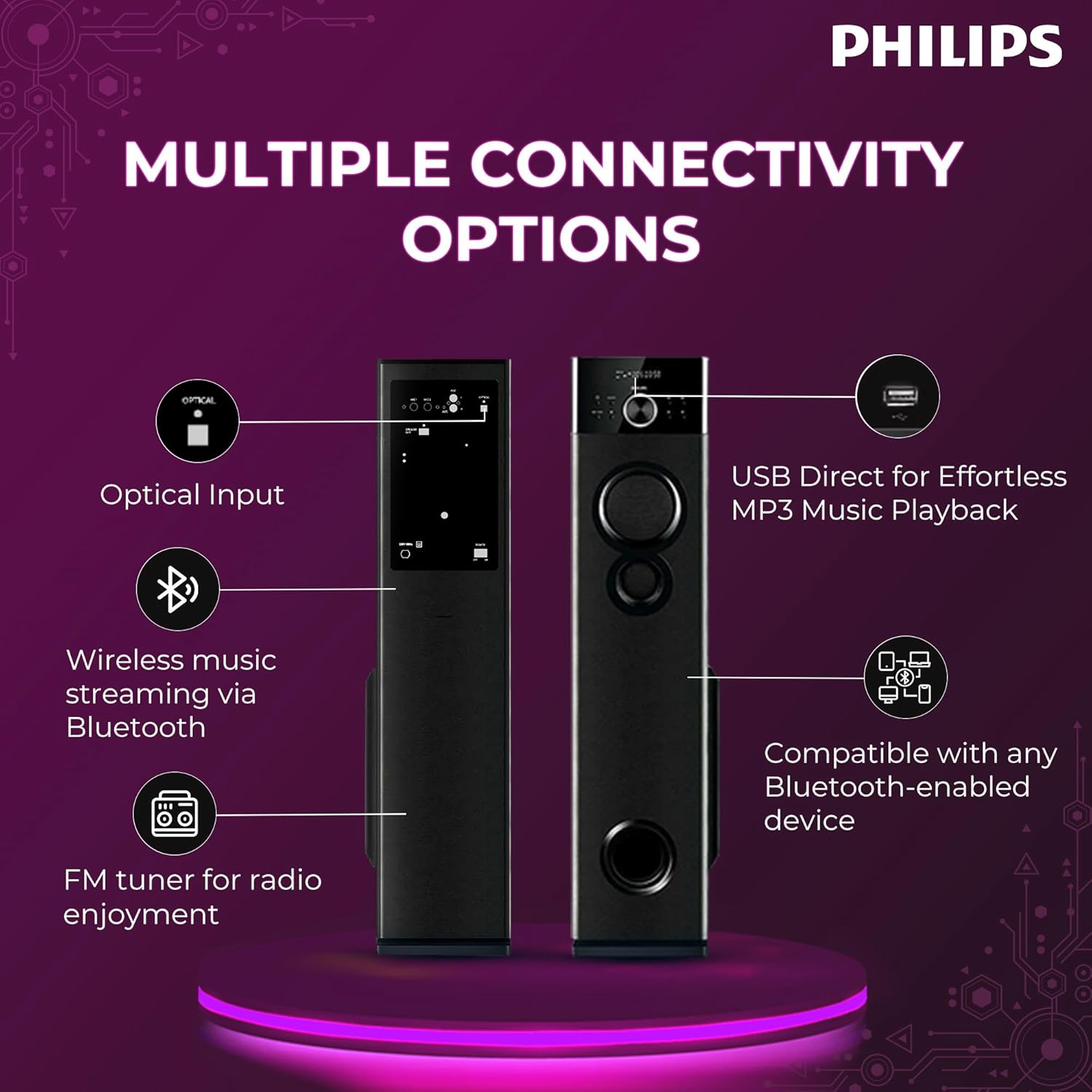 Philips Audio SPA9125 2.0CH 130W Multimedia Tower Speakers with Wireless Microphone – USB, AUX, FM, Mic Inputs & Powerful Bass for Karaoke (Black)