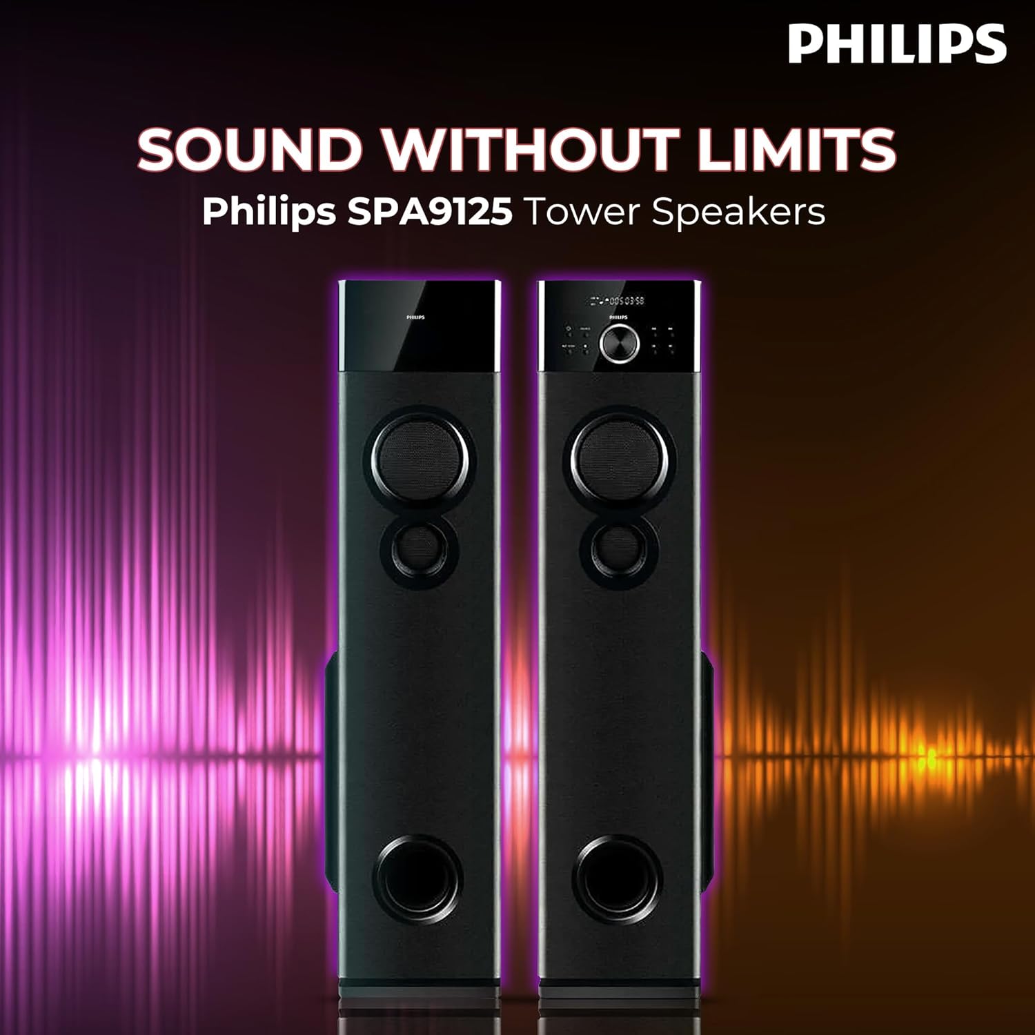 Philips Audio SPA9125 2.0CH 130W Multimedia Tower Speakers with Wireless Microphone – USB, AUX, FM, Mic Inputs & Powerful Bass for Karaoke (Black)